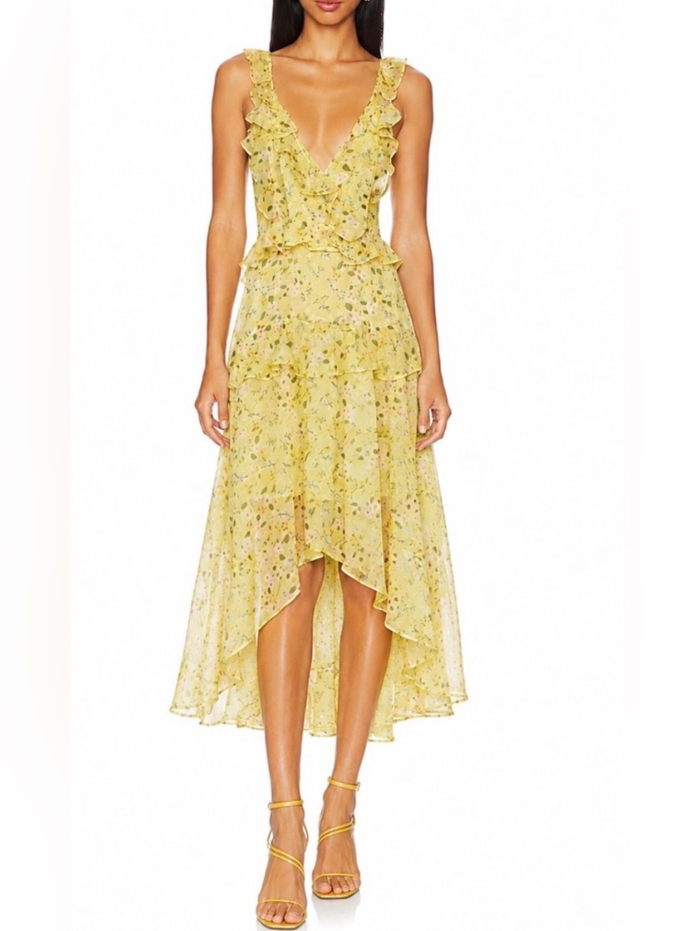 Aqua Yellow Floral Ruffle Midi Dress size XS